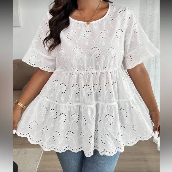 Elegant Sheer Eyelet Top Blouse Shirt White - Picture 1 of 5